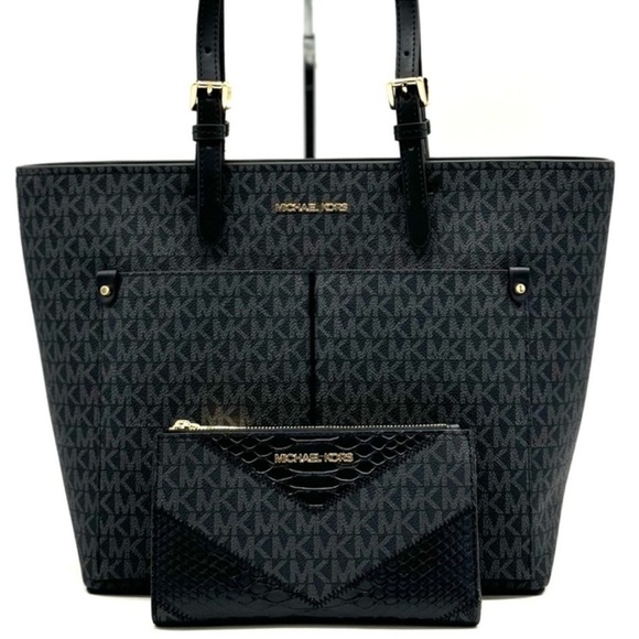 Michael Kors Jet Set Medium Pocket Tote Bag & Double Zip Wallet Black Multi - Picture 1 of 13